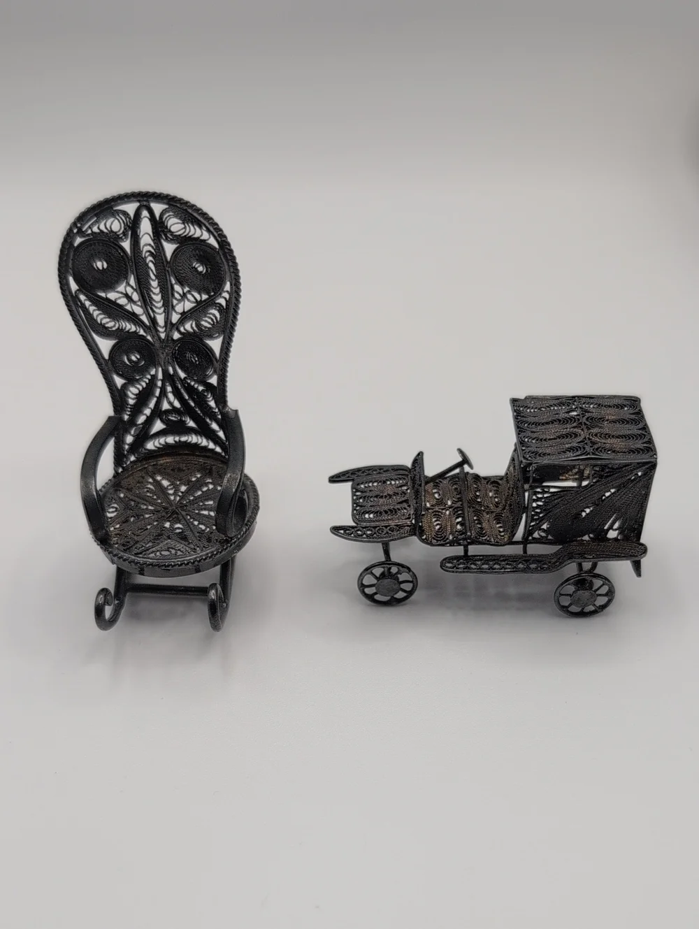 Vintage Sterling Silver 925 Filigree Car & Rocking Chair Mini Set - Picture 3 of 11